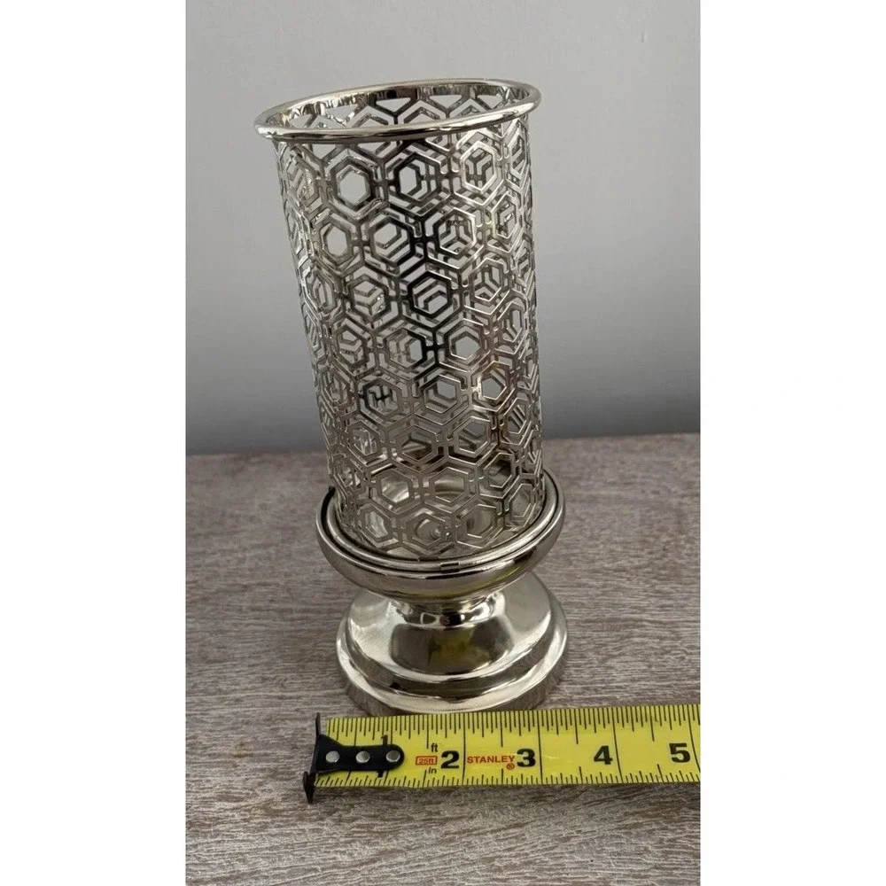 Vintage Cutout Ornate Silver Metal Candleholder Tea light Pillar Vase Decor